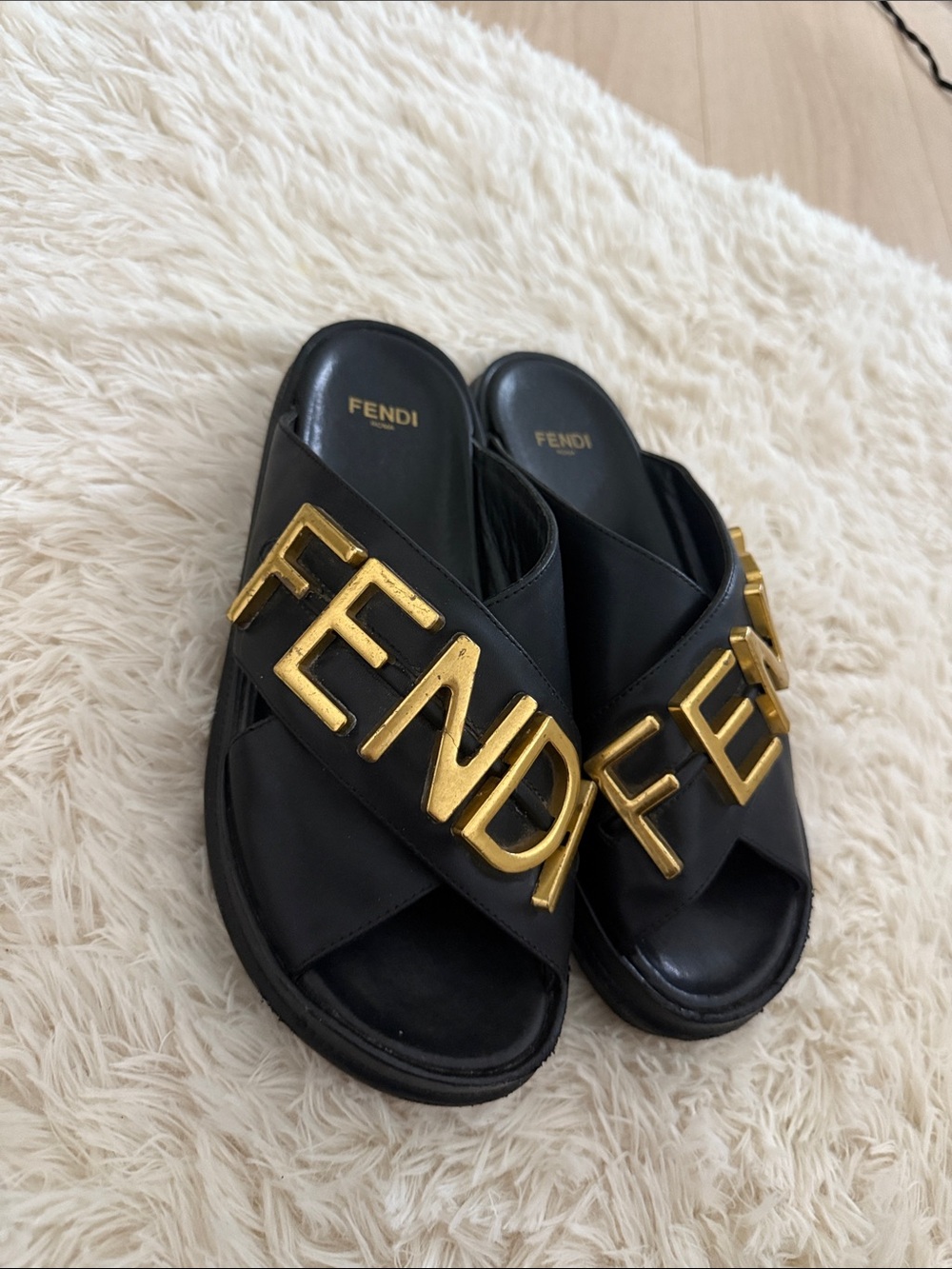 Fendi Black Leather Slides with Gold FENDI Lettering - Picture 3 of 5